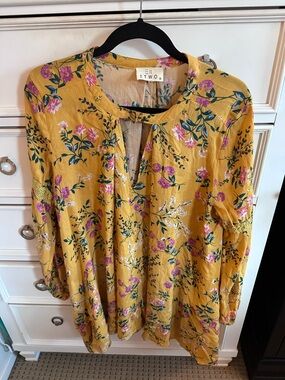 Entro Yellow Floral Tunic Dress Boho Flowy Long Sleeve Size M